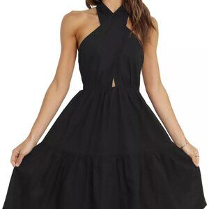 Petal + pup Linen/Cotton HALTER DRESS BACKLESS A LINE layered black 4